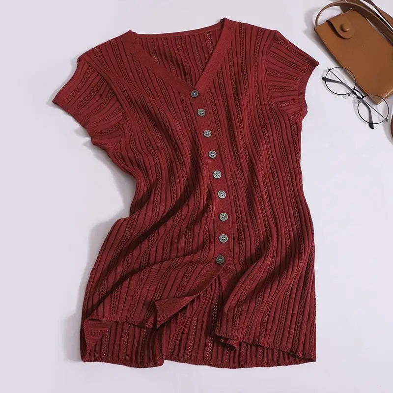 Women Solid Single Breasted Slim Hollow Out Knitted T-shirt Summer Short Sleeve V-neck Cardigan Tops 2024 Versatile Fashion New