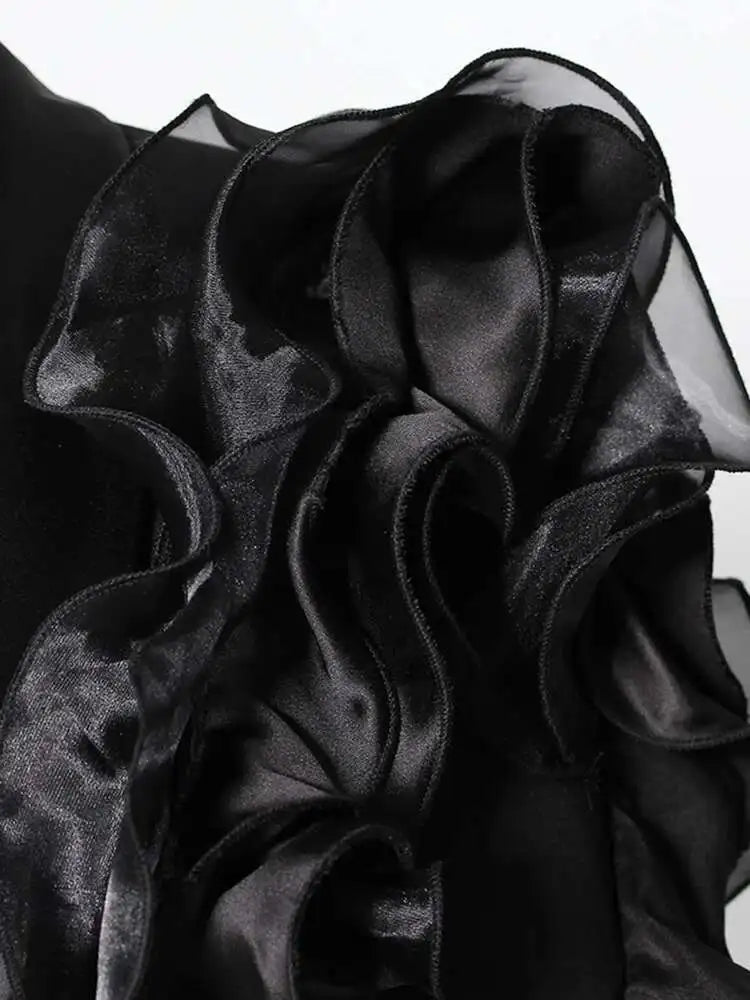 Women Black Ruffles Shaped Elegant Slim Blazer New Lapel Long Sleeve Jacket Fashion Tide Spring Autumn 2025 7AB8042