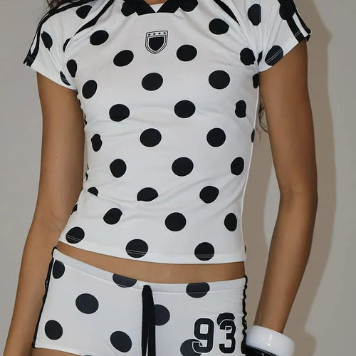 Load image into Gallery viewer, Sporty Dot Digit Print 2 Piece Set Women Casual Hipster Crop Tops+Shorts Matching Streetwear Skinny Stretch Tracksuit
