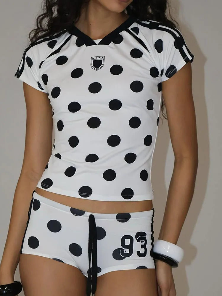 Sporty Dot Digit Print 2 Piece Set Women Casual Hipster Crop Tops+Shorts Matching Streetwear Skinny Stretch Tracksuit