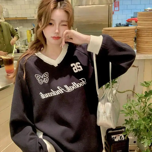 Load image into Gallery viewer, Autumn Winter 2025 Blue Patchwork Elegant Pullover Fashion Short Sweatshirt Women Pink Letter Print V Neck Long Sleeve Tops Chic
