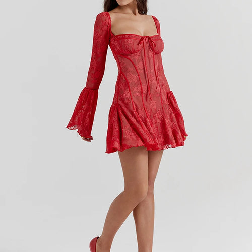 Load image into Gallery viewer, Temperament Christmas Red Long Sleeved Dress Women Lace Patchwork Ruffled Edge Mini Dress Female Bodycon Party Evening
