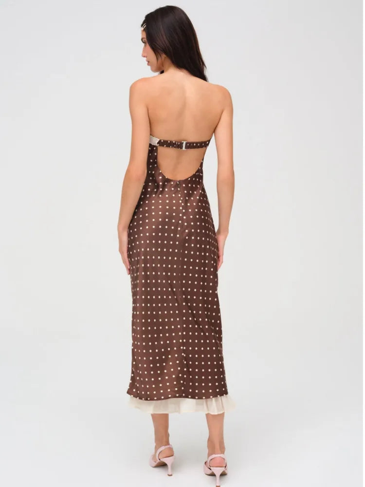 Sexy Strapless Backless Lace Up Hollow Out Mid Length Dress Women Polka Dot Print SummerNew 2025 Holiday Beach Vestido
