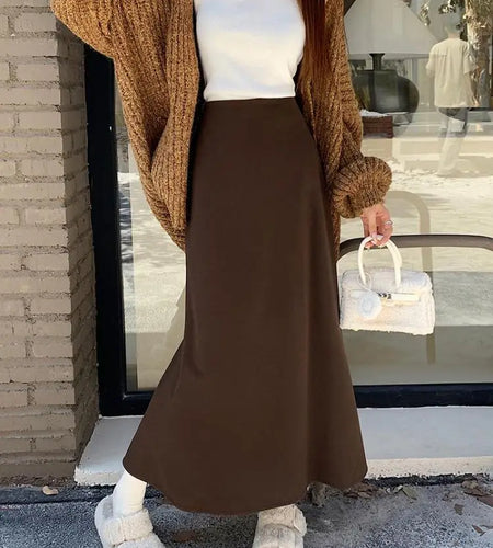 Korean Chic Women's Black Temperament Vacation Knitted Long Skirt Autumn Winter Brown High Waist Skirts Fashion Simplicity Trend