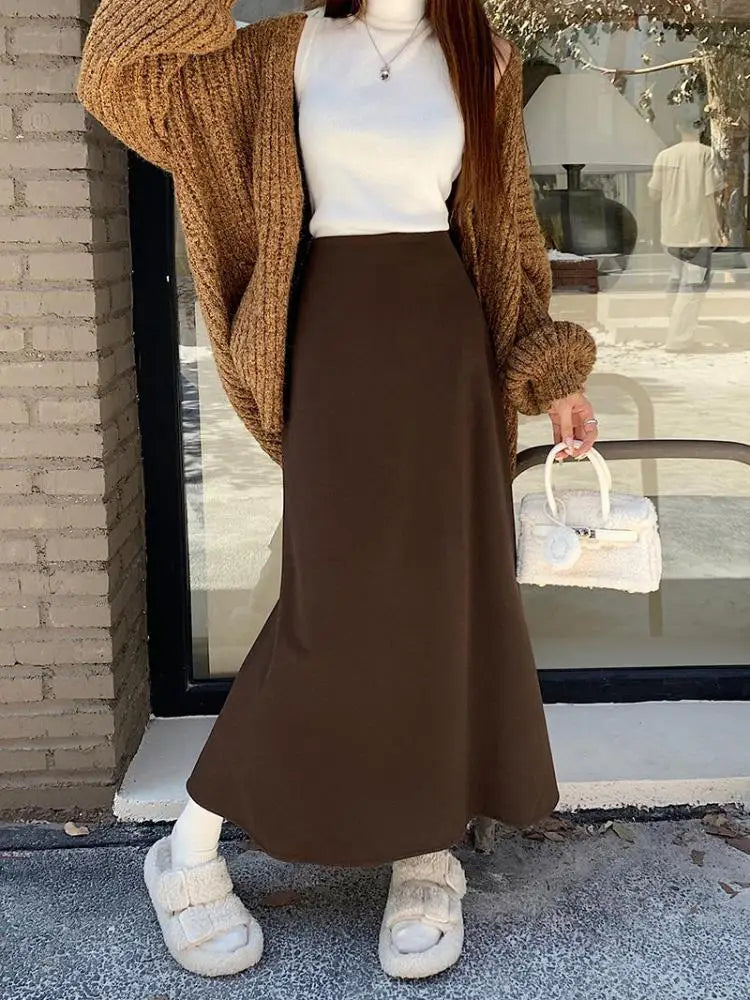 Korean Chic Women's Black Temperament Vacation Knitted Long Skirt Autumn Winter Brown High Waist Skirts Fashion Simplicity Trend