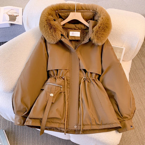 Load image into Gallery viewer, Winter Women's Solid Big Hairy Collar Hooded Velvet Parka 2024 Korean Version Ladies Oversize Warm Cardigans Down Cotton Jacket
