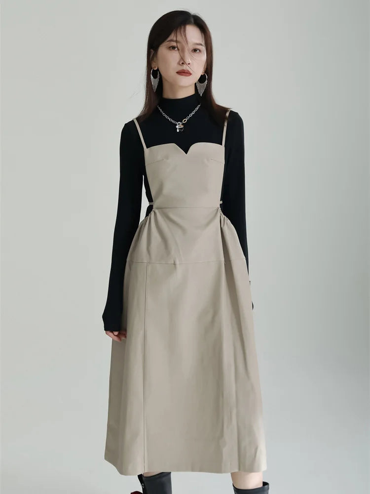 Women Apricot PU Leather Big Size Spaghetti Strap Dress New Square Collar Loose Fit Fashion Spring Autumn 2025 1DF4804