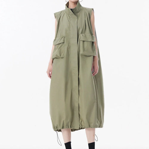 Load image into Gallery viewer, Women Green Pocket Hem Drawstring Big Size Vest Dress New Stand Collar Sleeveless Fashion Tide Spring Autumn 2025 1DJ0147
