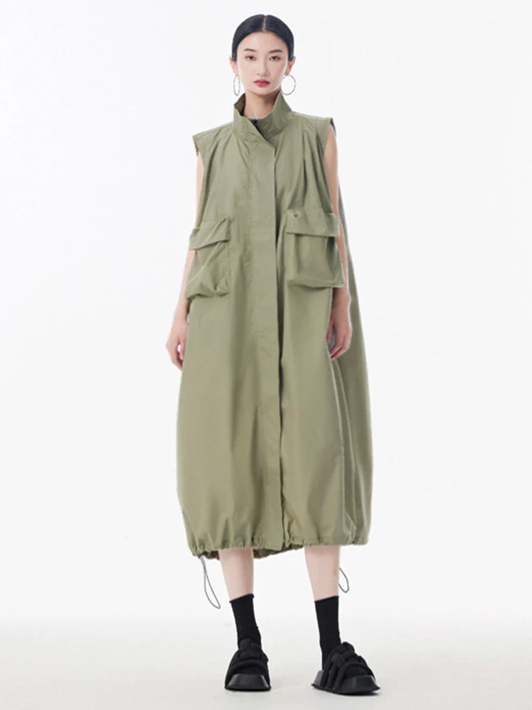 Women Green Pocket Hem Drawstring Big Size Vest Dress New Stand Collar Sleeveless Fashion Tide Spring Autumn 2025 1DJ0147
