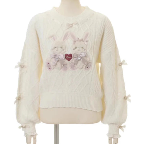 Load image into Gallery viewer, Japanese Rabbit Cartoon Embroidery Kawaii Cute Sweater Women Preppy Style Bow Knitted Jumper Fairy Twist Csual Loose Pullover
