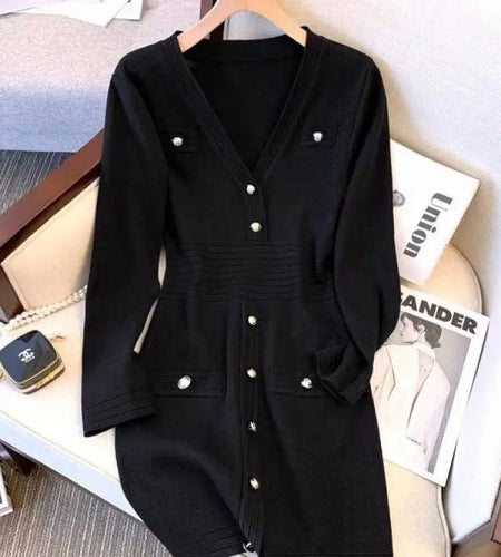 Spring French Black Temperament V Neck Long Sleeve Button Dress Women White Pink Patchwork Office Wrap Hip Knit Short Dress Chic