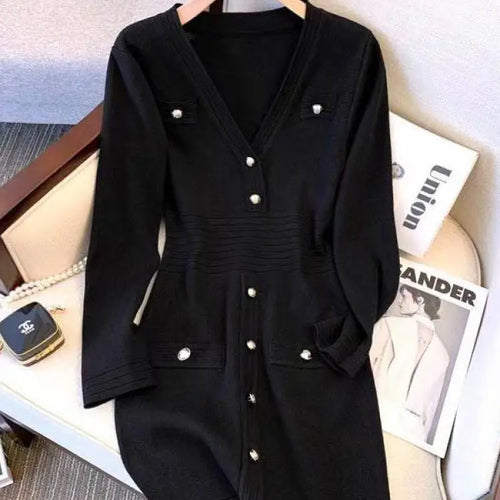 Load image into Gallery viewer, Spring French Black Temperament V Neck Long Sleeve Button Dress Women White Pink Patchwork Office Wrap Hip Knit Short Dress Chic
