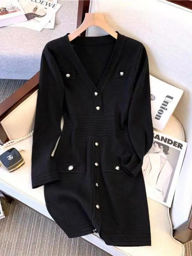 Spring French Black Temperament V Neck Long Sleeve Button Dress Women White Pink Patchwork Office Wrap Hip Knit Short Dress Chic