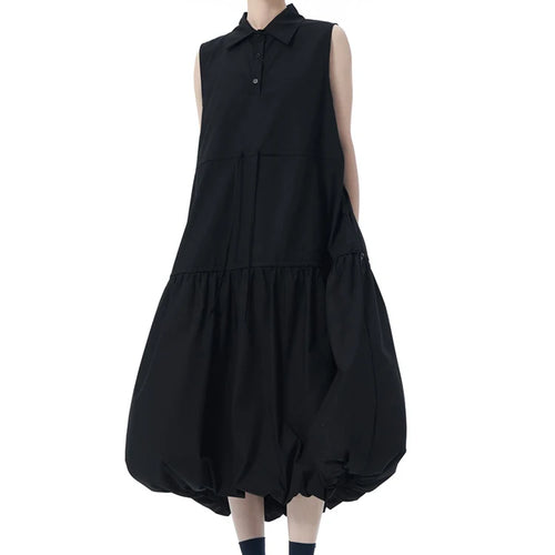 Load image into Gallery viewer, Women Black Brief Pleated Big Size Midi Bud Shirt Dress New Lapel Sleeveless Fashion Tide Spring Autumn 2025 1DJ0955
