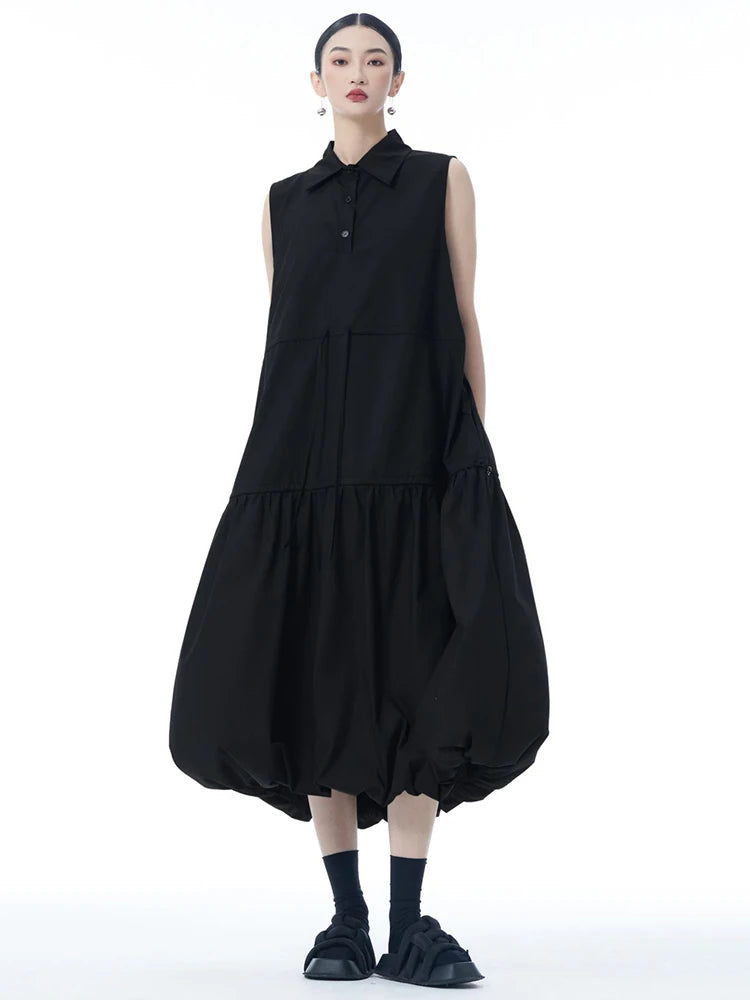 Women Black Brief Pleated Big Size Midi Bud Shirt Dress New Lapel Sleeveless Fashion Tide Spring Autumn 2025 1DJ0955