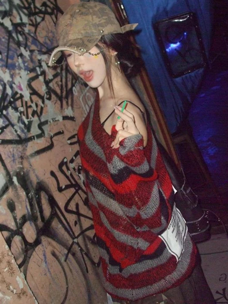 Streetwear Stripe Y2k Aesthetic Sweaters Vintage Harajuku Grunge Slash Neck Jumpers Loose Knitted Women Hollow Out Pullovers