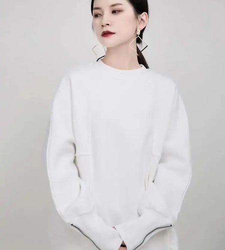 Loose Fit White Cuff Zipper Sweatshirt New Round Neck Long Sleeve Women Big Size Fashion Spring Autumn 2025 1DD5133
