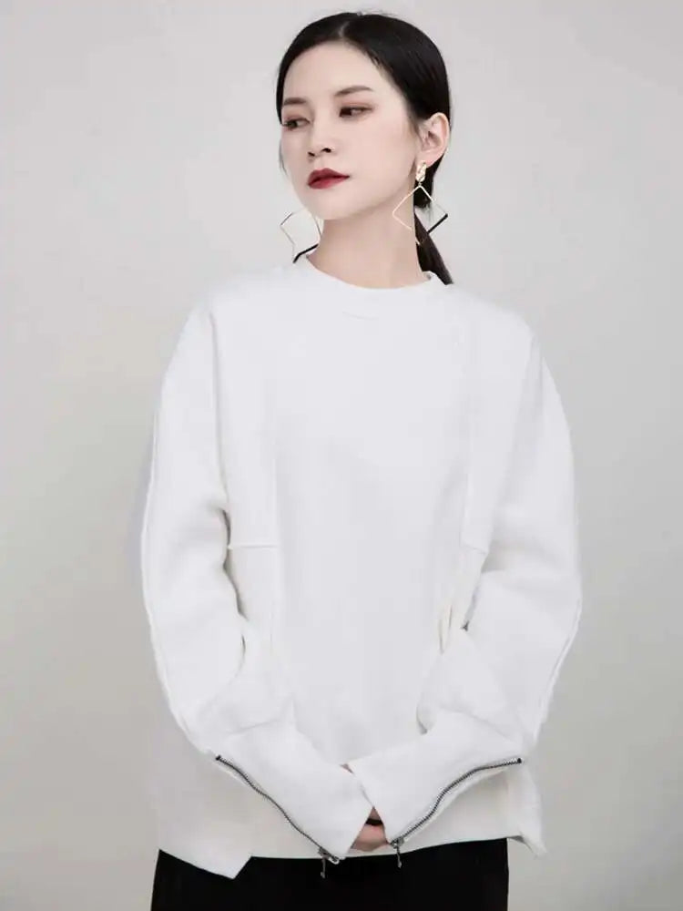 Loose Fit White Cuff Zipper Sweatshirt New Round Neck Long Sleeve Women Big Size Fashion Spring Autumn 2025 1DD5133