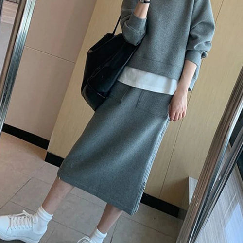 Load image into Gallery viewer, Autumn Hoodies Skirt New High Class Hong Kong Style Casual Sportswear Gray Top Skirt Two Piece Suits Chic Women Sets S-XL
