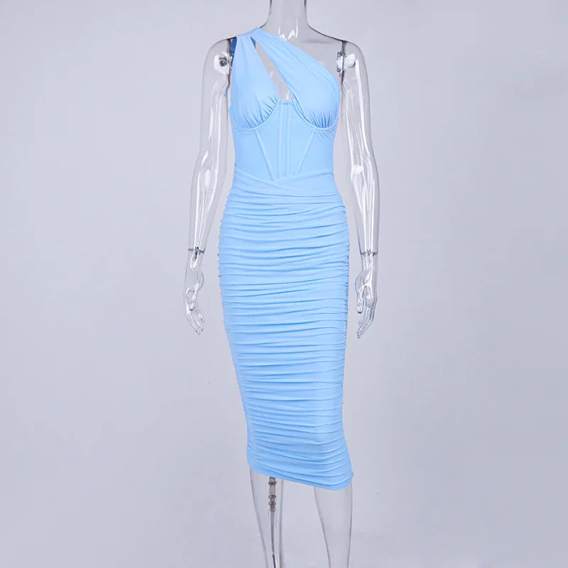 High Quality Mesh One Shoulder Backless Midi Dress For Women Fashion Hollow Out Sleeveless Ruched Long Dress Vestido