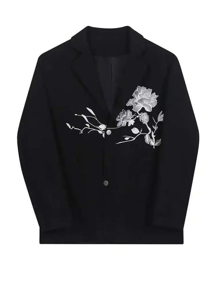 Women Black Embroidery Flower Big Size Blazer New Lapel Long Sleeve Loose Fit Jacket Fashion Spring Autumn 2025 1DF3628