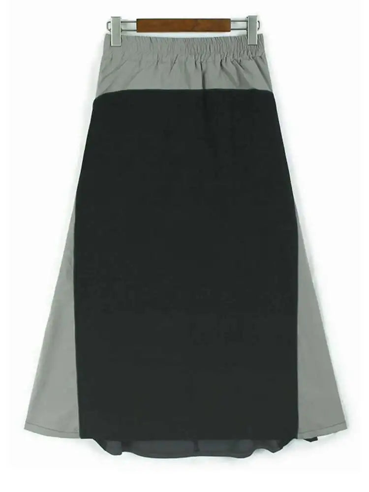 High Elastic Waist Gray Color-block Long A-line Casual Half-body Skirt Women Fashion Tide New Spring Autumn 2025 1DH8094