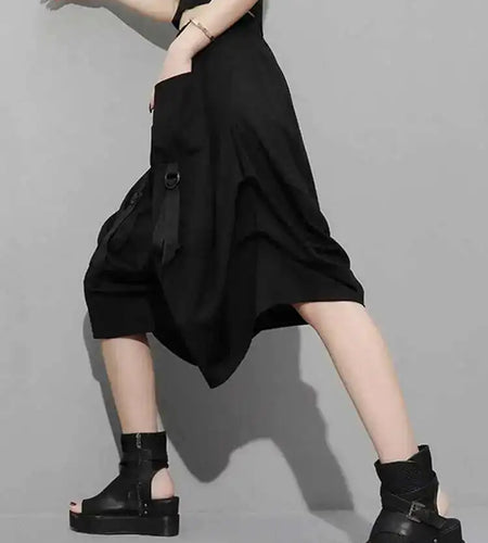 High Elastic Waist Black Pockets Bandage Wide Leg Pants New Loose Fit Trousers Women Fashion Spring Summer 2025 1DF4794