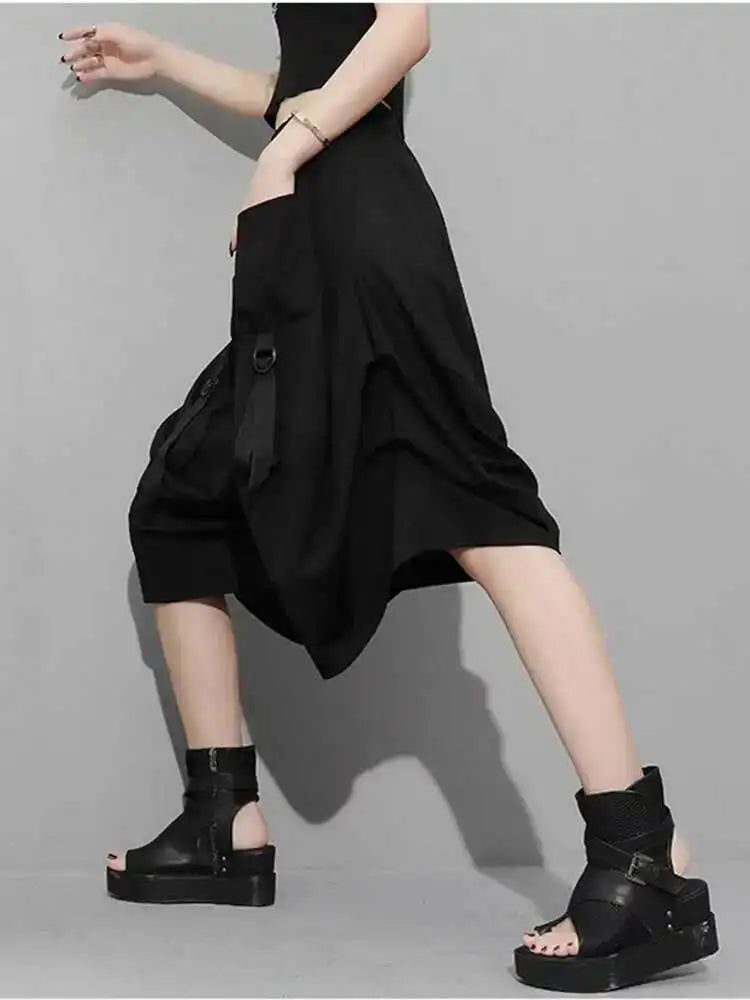 High Elastic Waist Black Pockets Bandage Wide Leg Pants New Loose Fit Trousers Women Fashion Spring Summer 2025 1DF4794