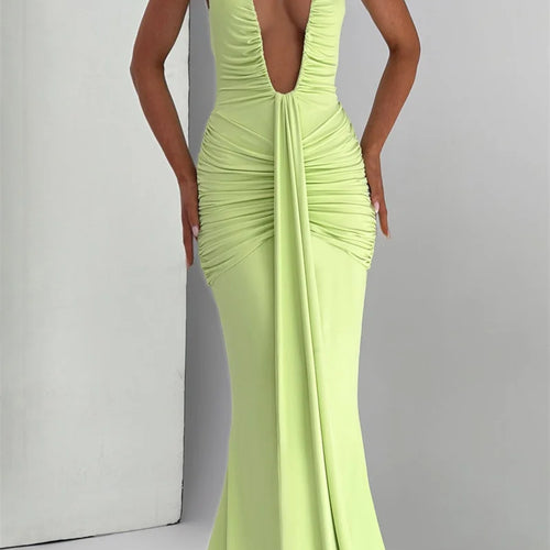 Load image into Gallery viewer, Deep V Neck Backless Ruched Sexy Maxi Dress Women Gown Summer Halter Sleeveless Draped Club Party Long Dress 2025
