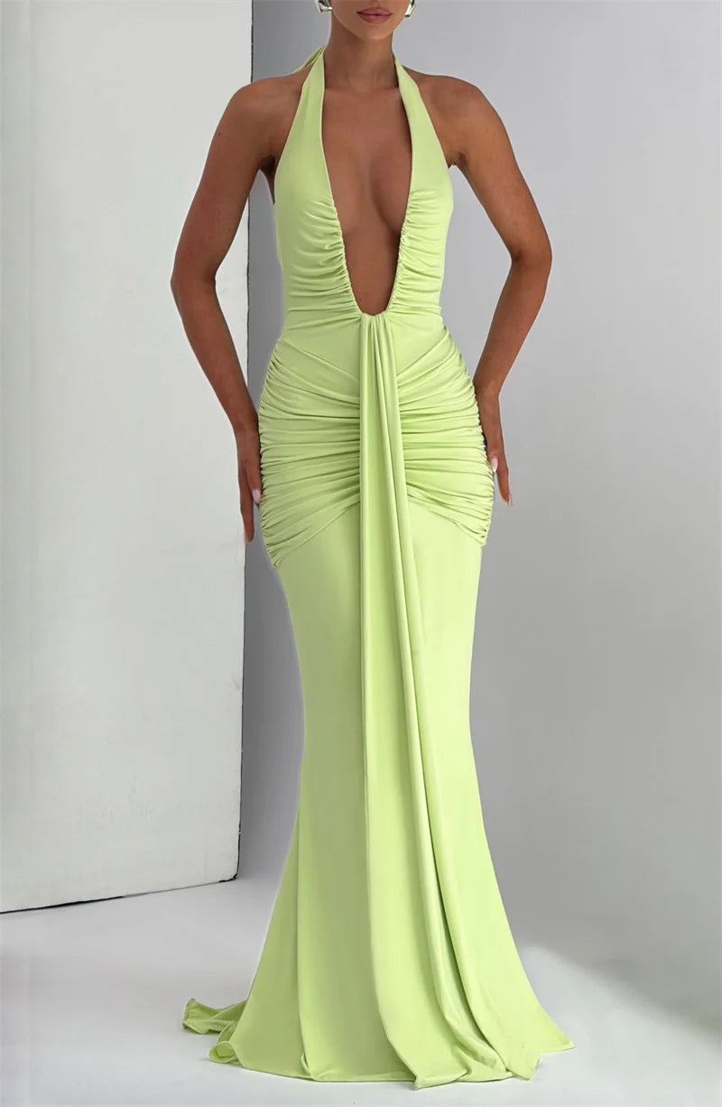Deep V Neck Backless Ruched Sexy Maxi Dress Women Gown Summer Halter Sleeveless Draped Club Party Long Dress 2025