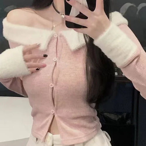 Load image into Gallery viewer, Sexy Off Shoulder Fluffy Patchwork Slash Neck Cardigan T-shirt Women Contast Color Korean Fashion Slim Cardigans Fairy Cropped
