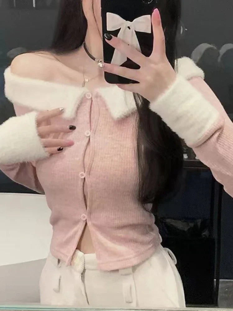 Sexy Off Shoulder Fluffy Patchwork Slash Neck Cardigan T-shirt Women Contast Color Korean Fashion Slim Cardigans Fairy Cropped