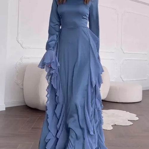 Load image into Gallery viewer, Elegant Long Sleeved Ruffled Round Neck Maxi Dress For Women's Spring New 2025 Party Club Evening Dress Slim Vestidos
