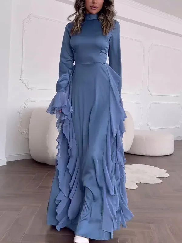 Elegant Long Sleeved Ruffled Round Neck Maxi Dress For Women's Spring New 2025 Party Club Evening Dress Slim Vestidos