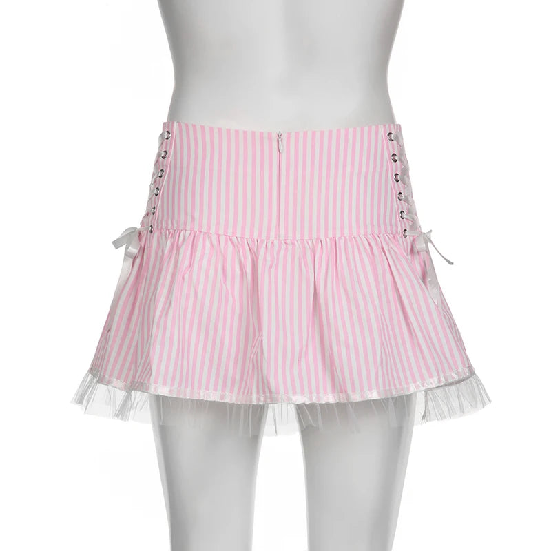 Japanese Y2K Stripe Summer Mini Skirt Lace Up Korean Fashion Women's Skirts Preppy Style Coquett Clothes A-Line Cute