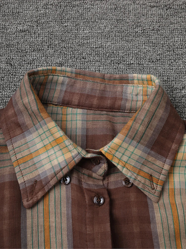 Women Plaid Vintage Back Button Big Size Casual Blouse New Lapel Long Sleeve Shirt Fashion Tide Spring Autumn 2025 26C1723