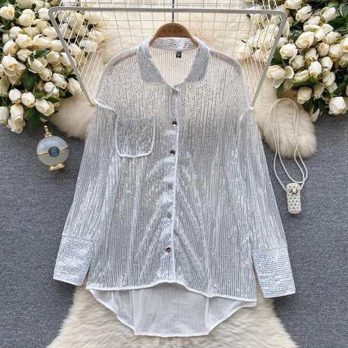 Load image into Gallery viewer, Autumn Solid Lantern Long Sleeve Sequin Shirt Women Fashion Clothing Vintage Loose Versatile Single Breasted Medium Length Tops
