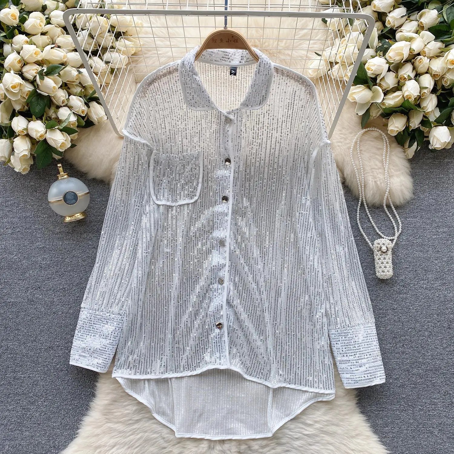 Autumn Solid Lantern Long Sleeve Sequin Shirt Women Fashion Clothing Vintage Loose Versatile Single Breasted Medium Length Tops
