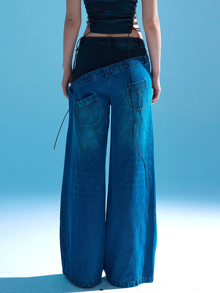 Colorblock Chic Denim Trouser For Women Plunging Patchwork Button Streetwear Wide Leg Pant Female Fashion Clothes