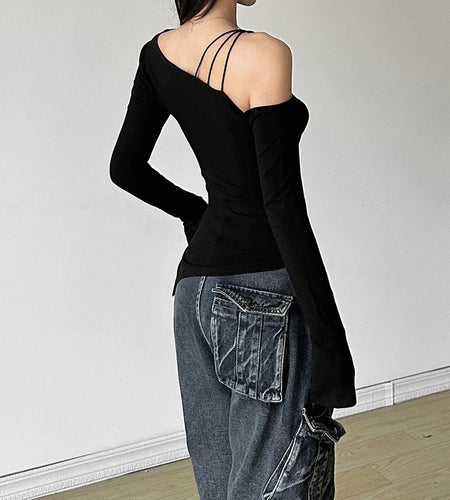 y2k Cold Shoulder Top Women Clothes Solid Color Slant Neck Long Sleeve Asymmetric Hem T Shirts 2000s Gothic Clothing