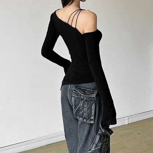 Load image into Gallery viewer, y2k Cold Shoulder Top Women Clothes Solid Color Slant Neck Long Sleeve Asymmetric Hem T Shirts 2000s Gothic Clothing
