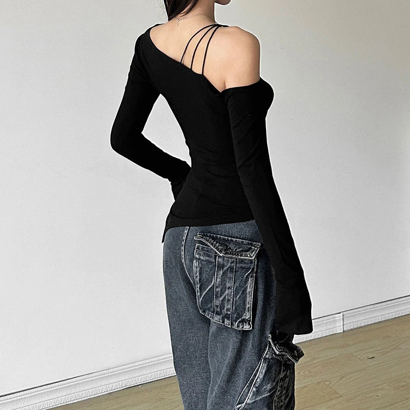 y2k Cold Shoulder Top Women Clothes Solid Color Slant Neck Long Sleeve Asymmetric Hem T Shirts 2000s Gothic Clothing