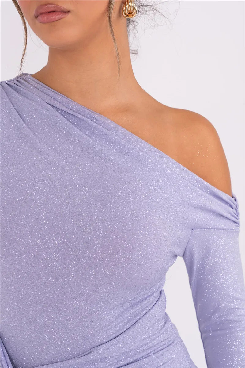 Sparkle Long Sleeve Sexy Maxi Dress For Women Inclined Shoulder Backless Bodycon Ruched Club Party Sexy Long Dress