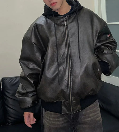 PU Leather Men's Padded Jackets Hooded Drawstring Detachable Hat Solid Color American Style Thickened Male Coats 9C8834