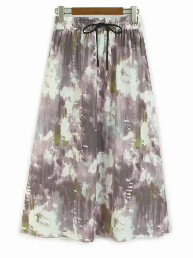 High Elastic Waist Blue Back Denim Tie Dye A-line Design Half-body Skirt Women Fashion Tide New Spring Autumn 2025 1DH9320