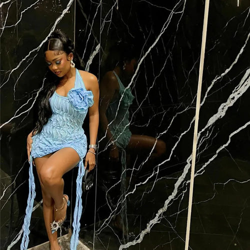 Load image into Gallery viewer, Halter Floral Pleated Sexy Mini Dress For Women Robe Fashion Sleeveless Backless Draped Club Party Dress Elegant
