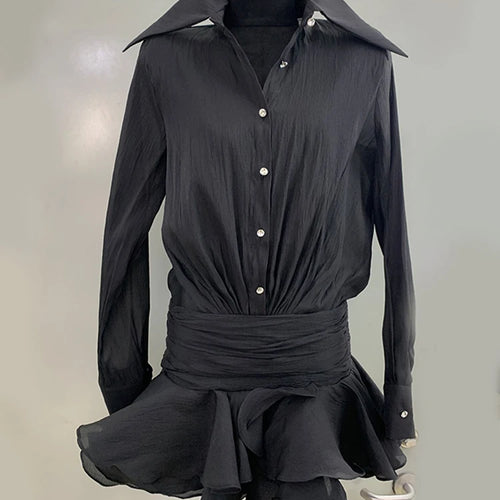 Load image into Gallery viewer, Solid Spliced Ruffles Slimming Mini Dresses For Women Lapel Long Sleeve High Waist Temperament Dress Female Fashion
