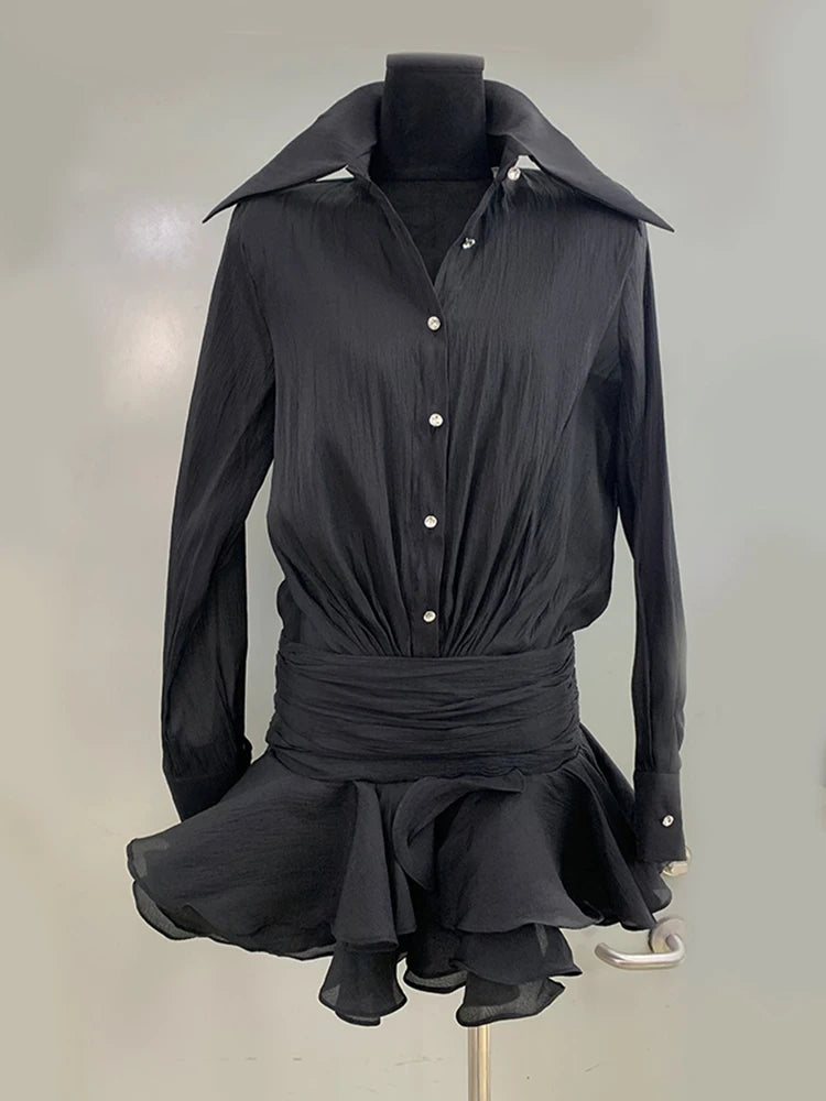 Solid Spliced Ruffles Slimming Mini Dresses For Women Lapel Long Sleeve High Waist Temperament Dress Female Fashion
