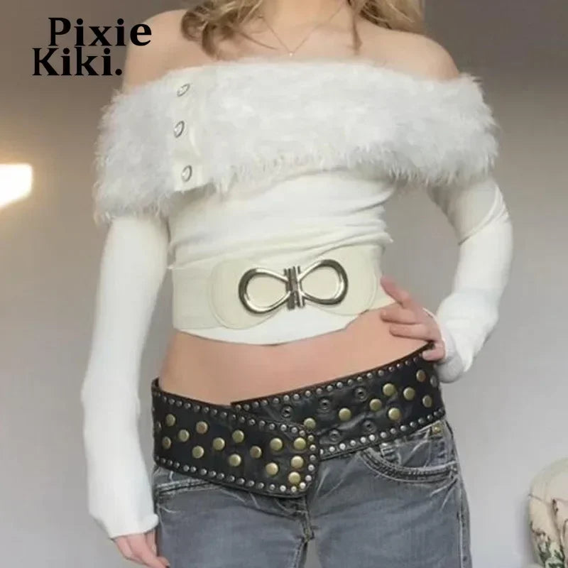 Fluffy Faux Fur Patchwork Ribbed Long Sleeve Top Y2k Cutecore White Fitted T Shirt for Women Winter Clothes P84-EZ30