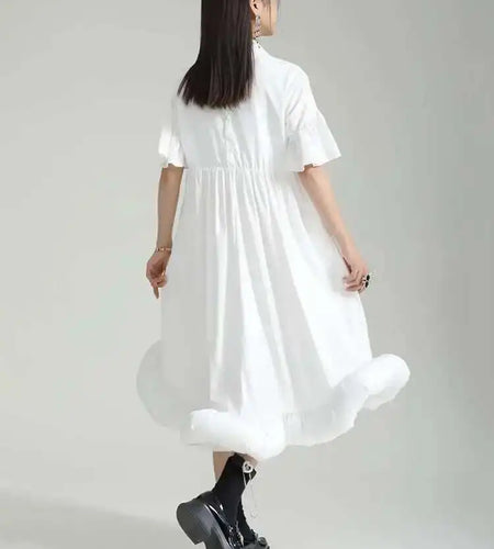 Women White Pleated Hem Ruffles Big Size Shirt Dress New Lapel Short Sleeve Loose Fit Fashion Spring Summer 2025 1DF7190